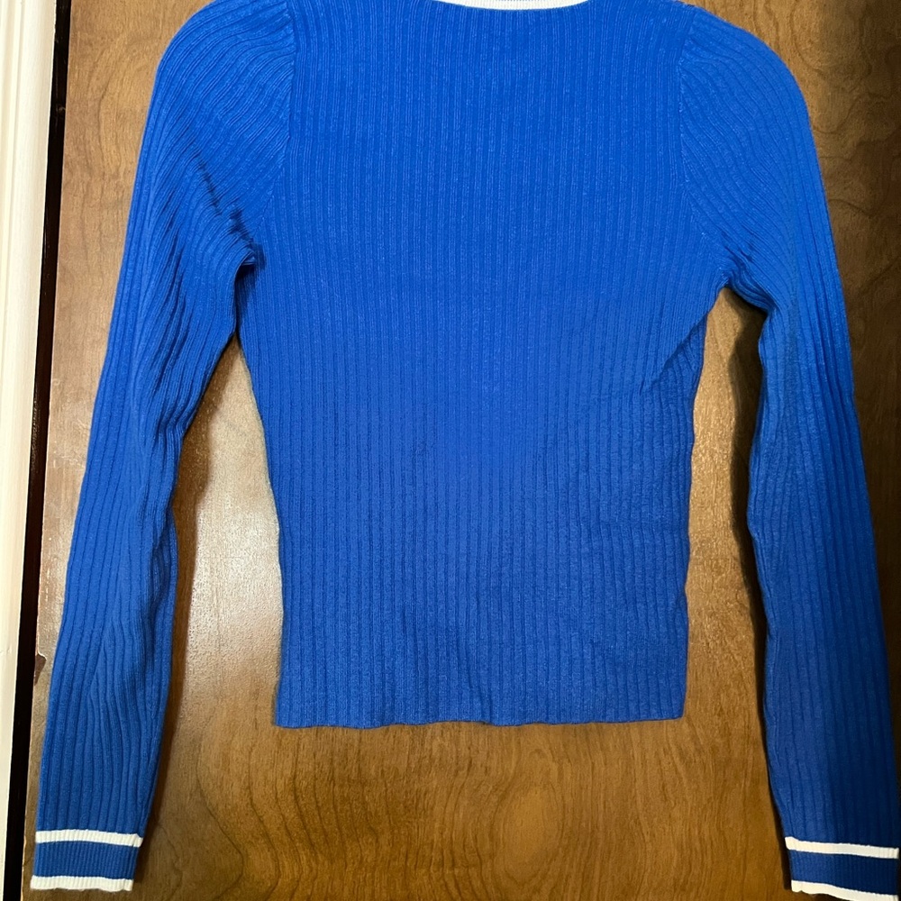 Express Blue and White Ribbed Cardigan Sweater - Picture 6 of 6
